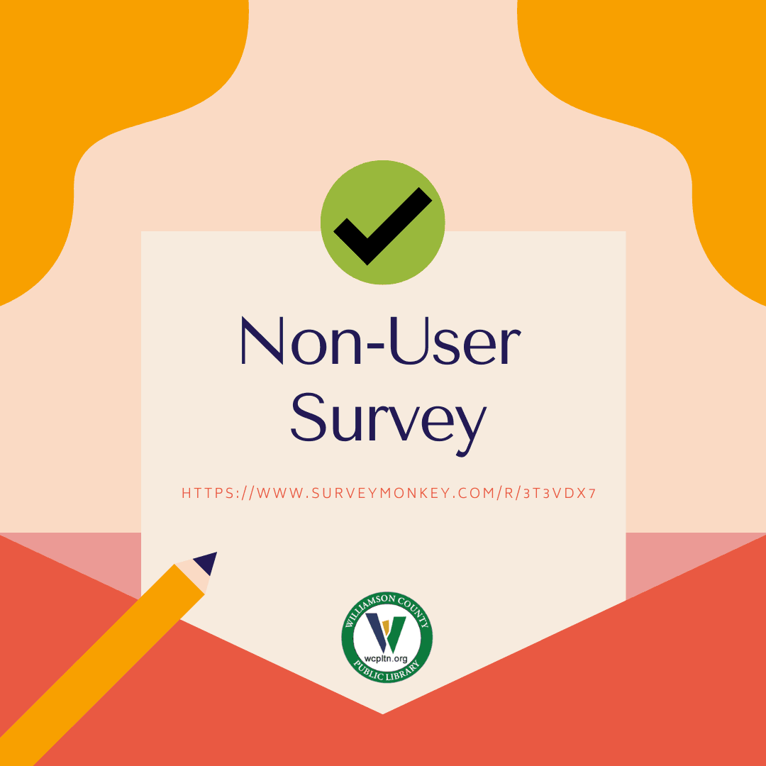 Image of open envelope with pencil and page with library logo, survey url, text: Non-user survey