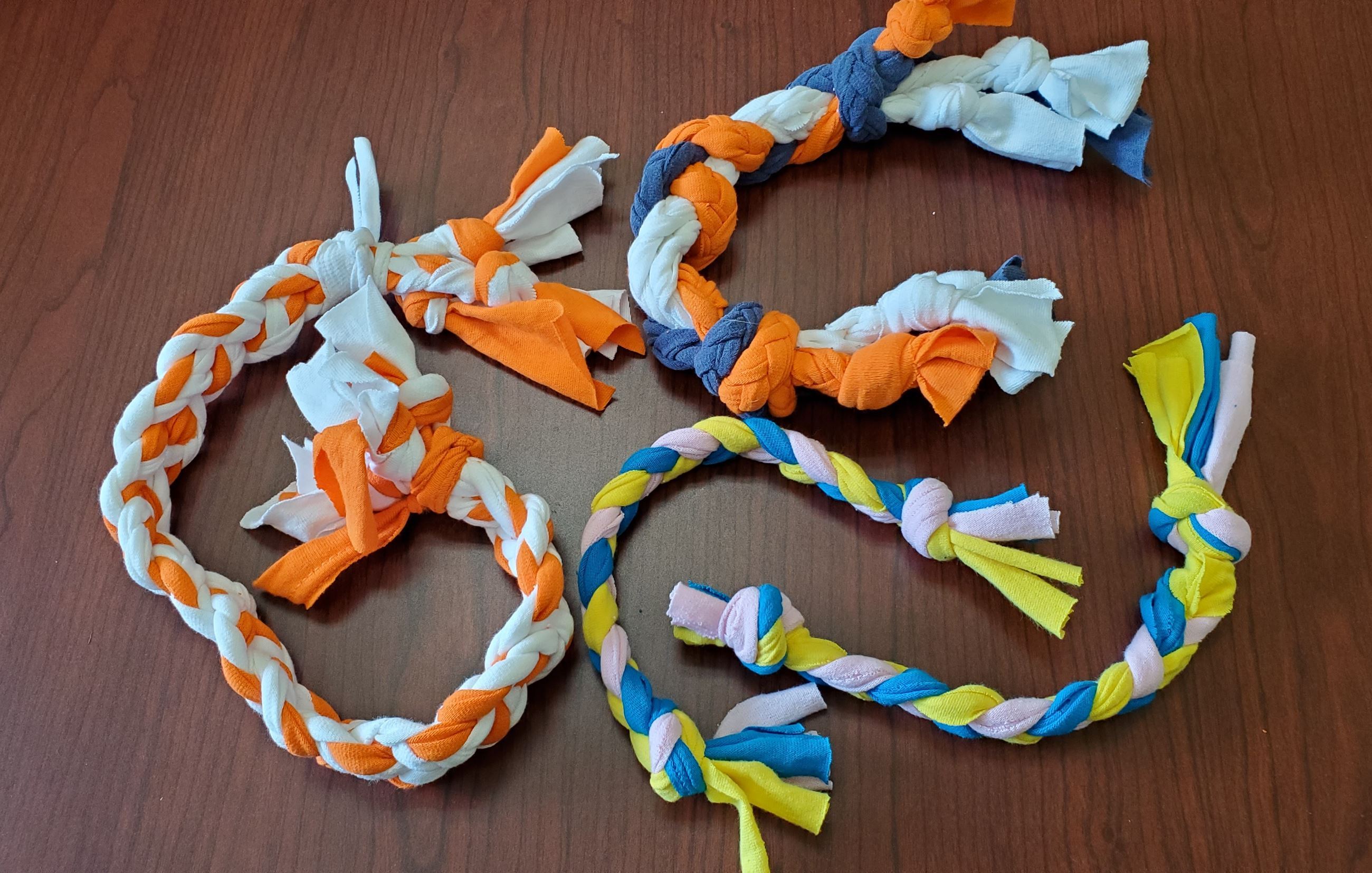 WPLS staff photo of completed t-shirt braided tug toy for pets