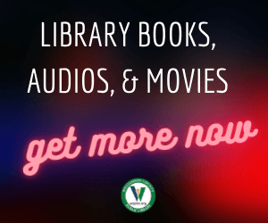 Black to Red blurred background with library logo. Txt: Library books, audios & movies, get more now