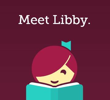 Meet Libby, image of girl with a blue bow with one eye hidden behind bangs, smiling with an open bk