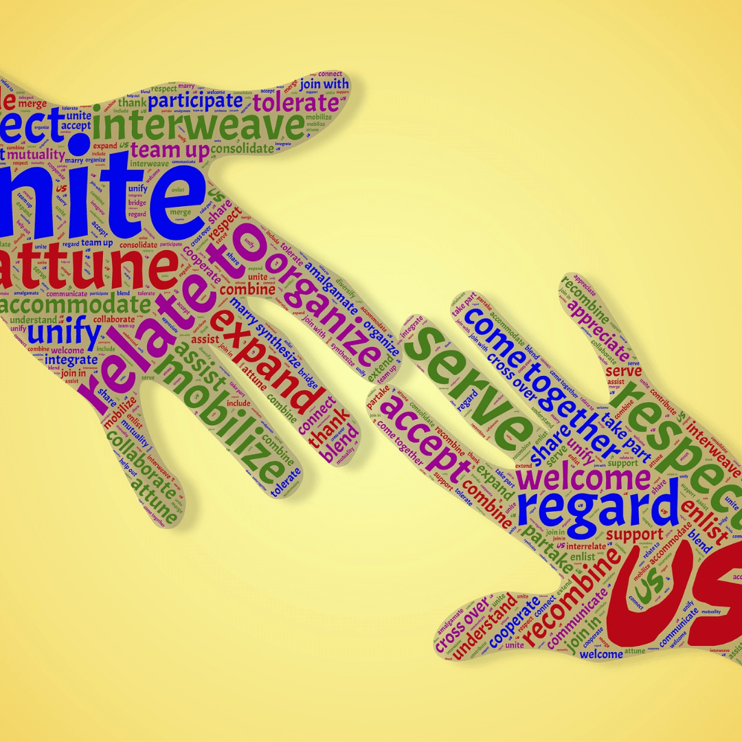 hands reaching with words connect, unity, relate, assist, accept, service, etc in multicolor