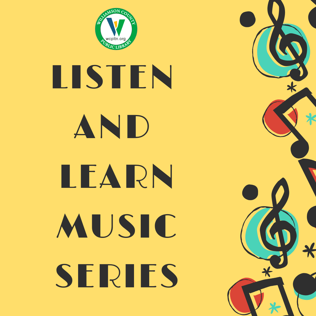Listen and Learn Music Series with musical notes, library logo and brightly colored circles