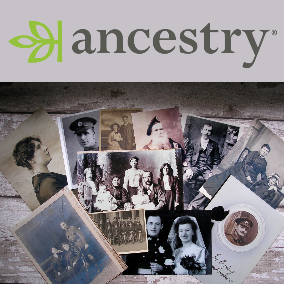 Ancestry.com logo with image of a pile of multiple sepia color historical family photos 
