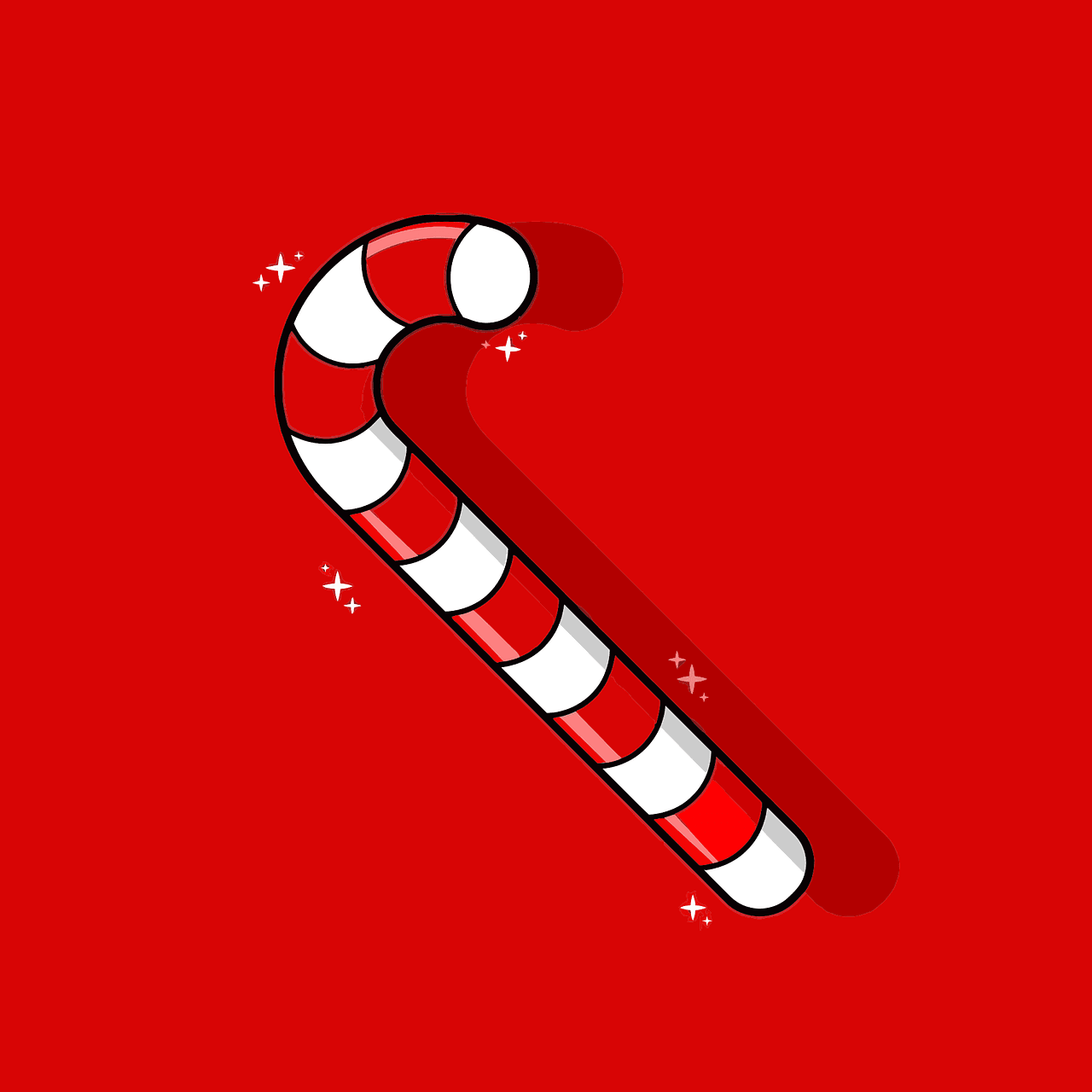 red and white candy cane with white sparkles on a red background