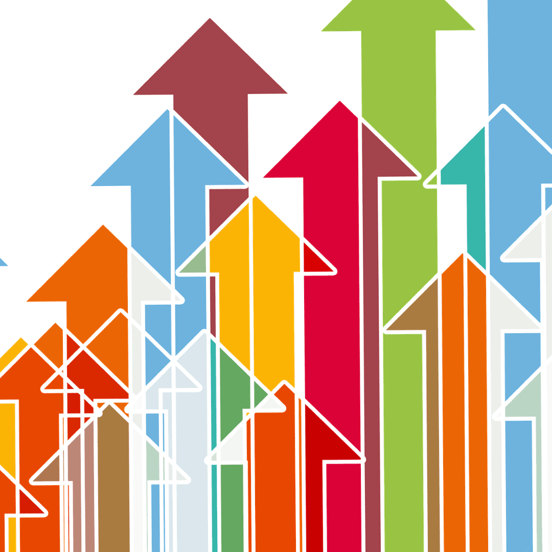 Multi color arrows pointing up that sort of look like houses so it could be a community too.