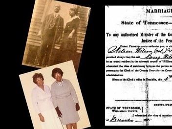 two old family Wilson photos and part of the corner of a marriage license