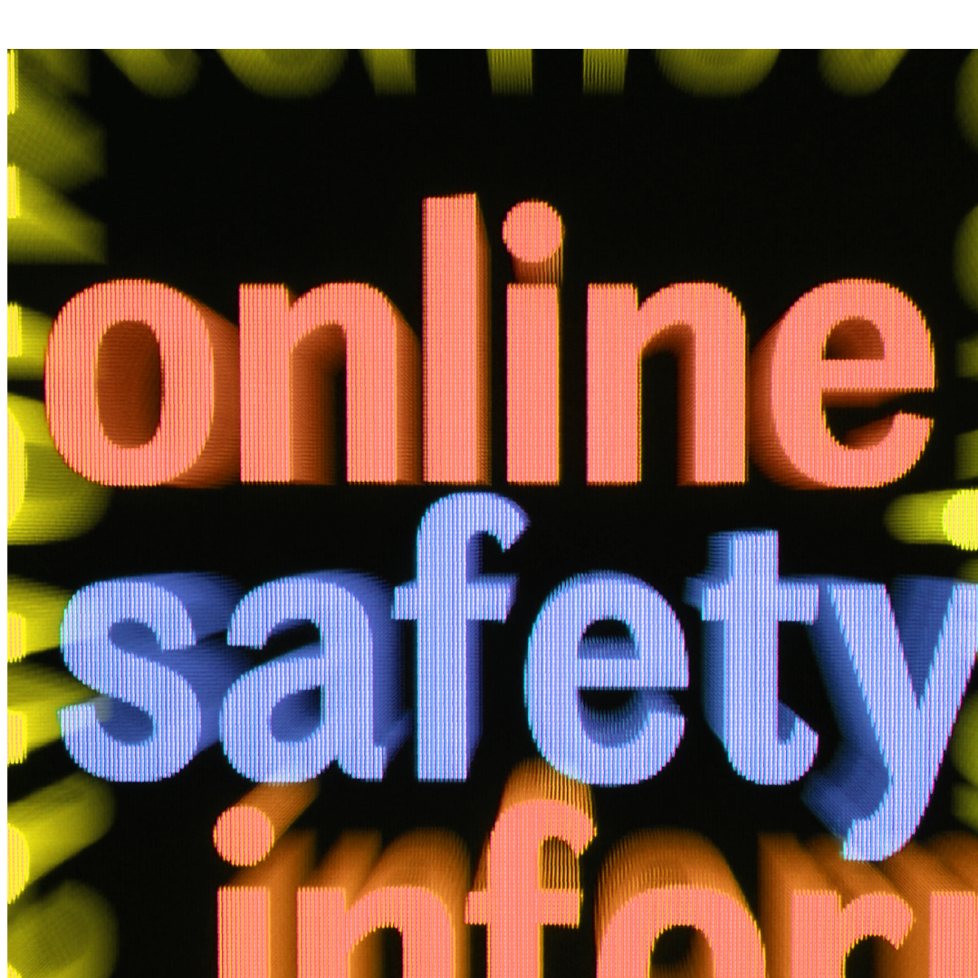 Yellow text spelling online safety with the pink word information cut off and cutoff yellow letters