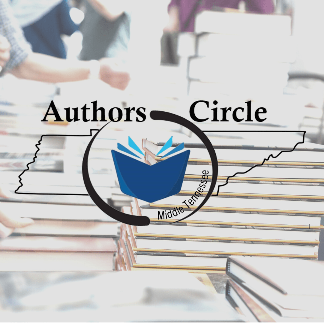 faded photo of stacks of books and people picking them up with Author's Circle logo