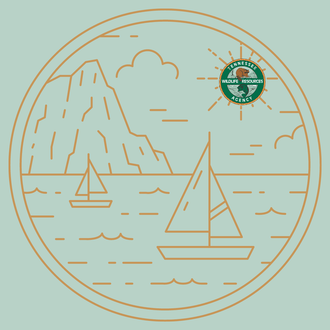 Line drawing of a mountain, two boats on the water and the TWRA logo as the sun