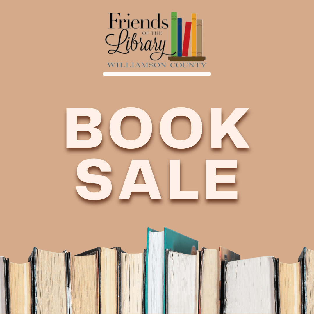 Book Sale with book border pages facing towards viewer, Friends of the Library logo