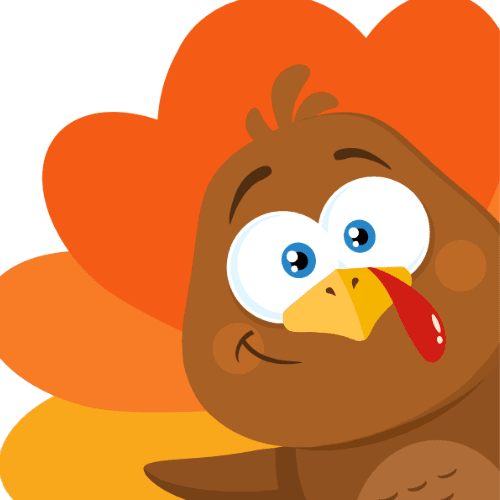 Cute clip art turkey with it's face close up with a smile looking at you from the corner of the p