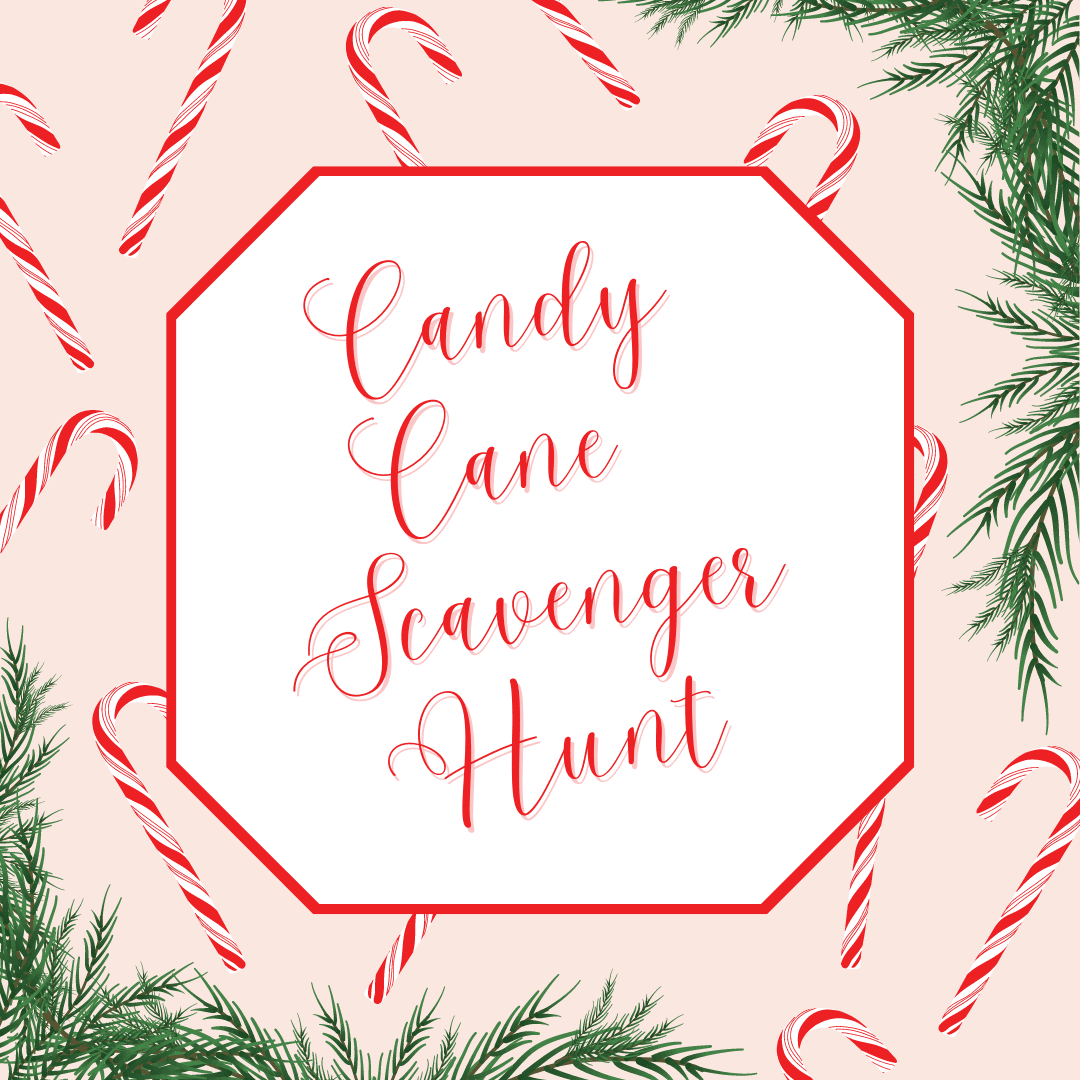 Candy Cane Scavenger Hunt with candy cane graphics and some pine needles