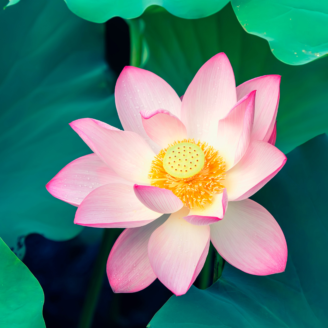 Photo of a pink lotus blossom with a green stamen on a yellow center atop green leaves