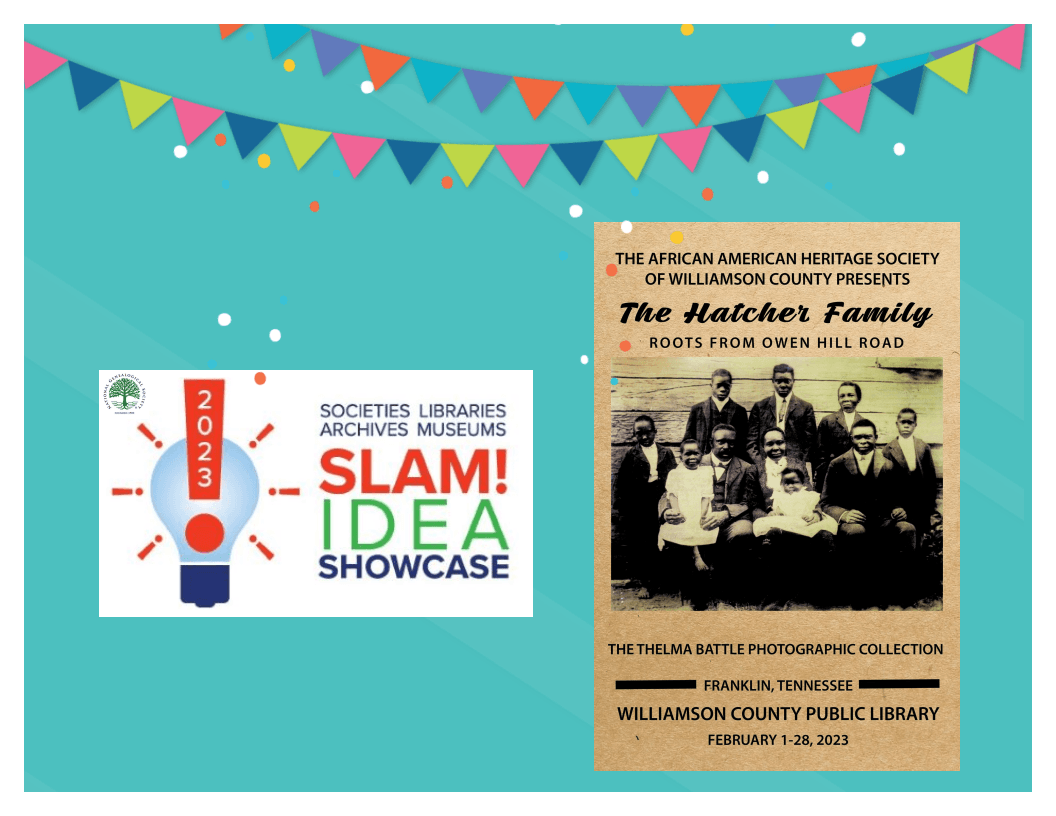 Winner! 2023 SLAM award logo and Hatcher Family photo exhibit poster with flags and confetti