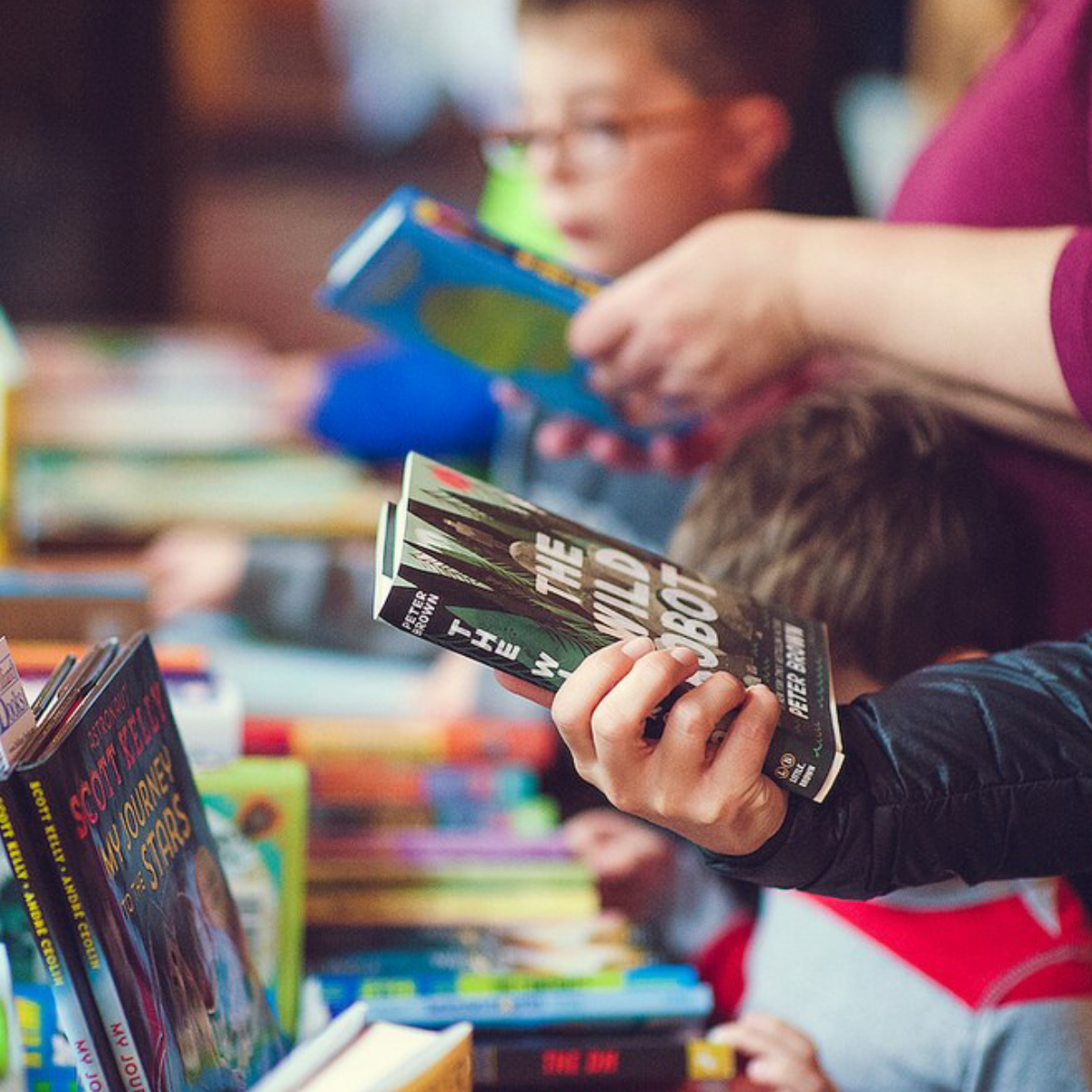 Family shopping at a book sale