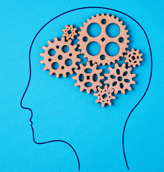 Teal silhouette of head and brain with gears