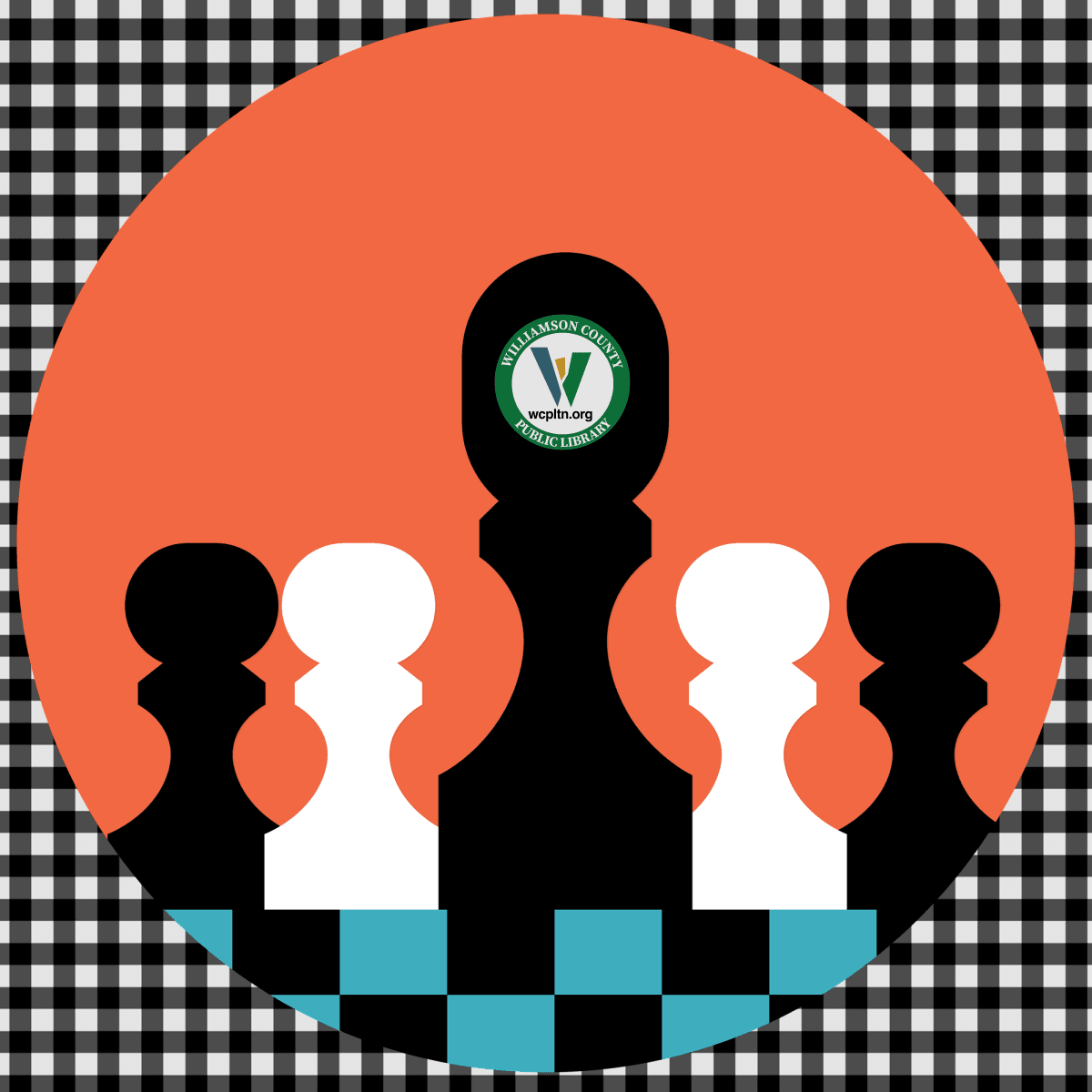 Graphic of 4 pawns and bishop chess pieces in a circle. Library logo.