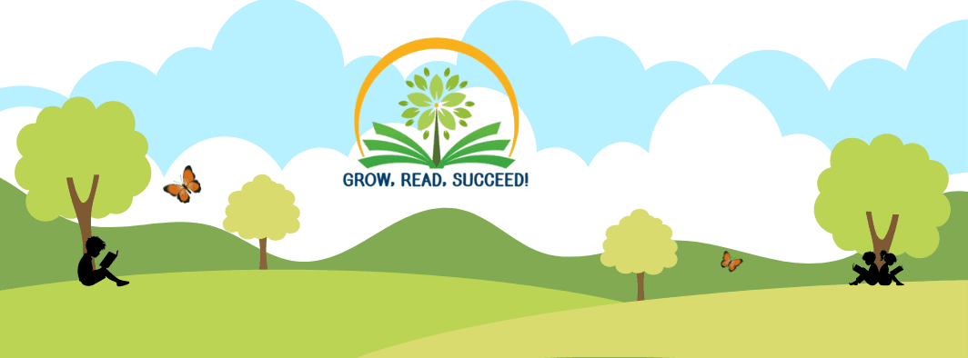 Outline of kids reading under trees, outdoors with the Grow, Read, Succeed! logo