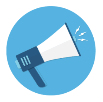 megaphone in a blue circle with sound lines emitting from it