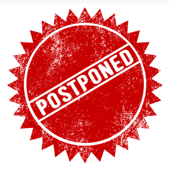 red sticker with the word postponed on it in white